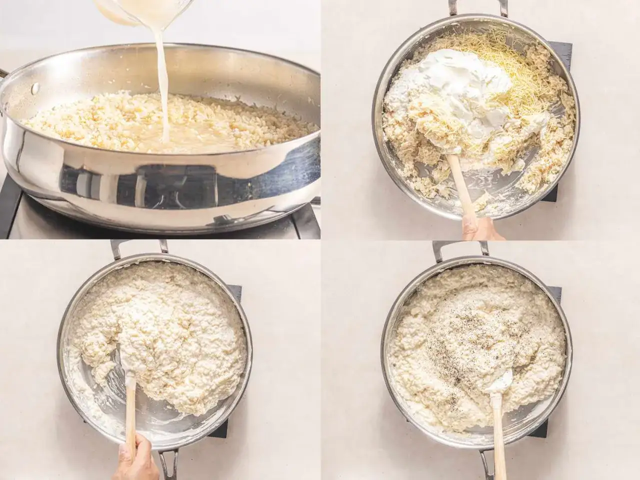 Steg för steg till en krämig italiensk risotto. Riset kokas, blandas med ost och grädde, och kryddas sedan.