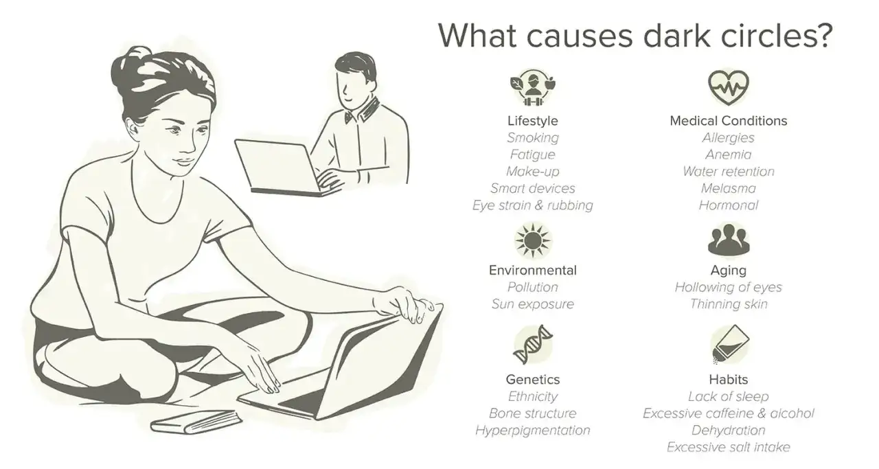 Infograf&iacute;a sobre causas de ojeras oscuras. Ilustraci&oacute;n de personas con laptops y lista de factores: estilo de vida, salud, ambiente, gen&eacute;tica, envejecimiento y h&aacute;bitos.