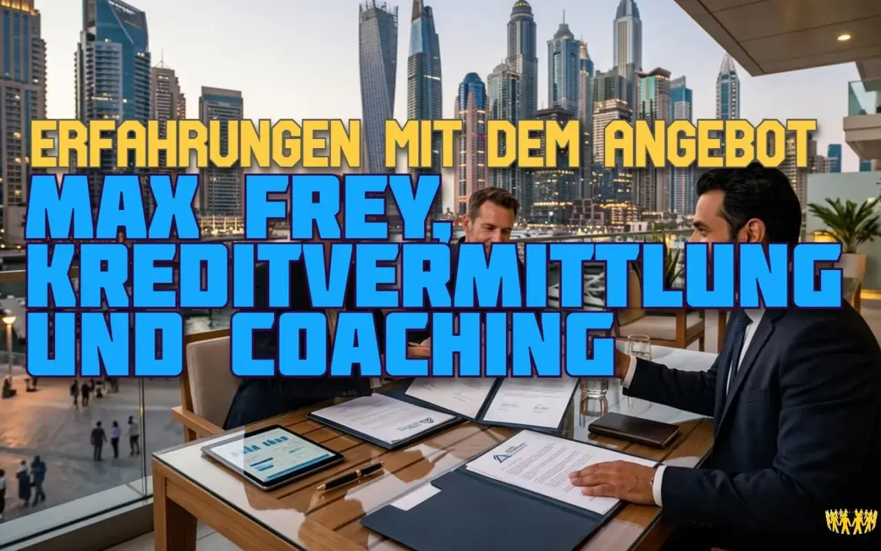 Erfahrungen mit Max Frey: Kreditvermittlung und Coaching. M&auml;nner im Anzug besprechen Dokumente vor einer Skyline.