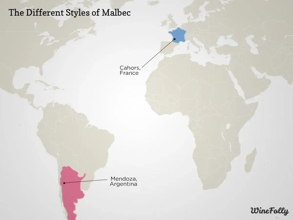 Carte du monde montrant les régions de vin malbec : Cahors en France et Mendoza en Argentine.