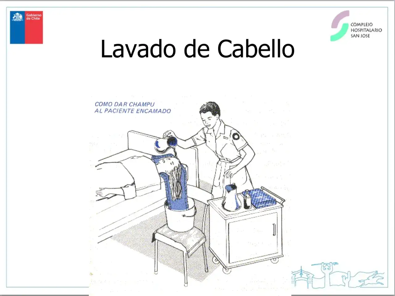 Ilustración muestra cómo lavar el pelo a una persona encamada, con una enfermera vertiendo champú sobre la cabeza del paciente, que está sobre un cubo.