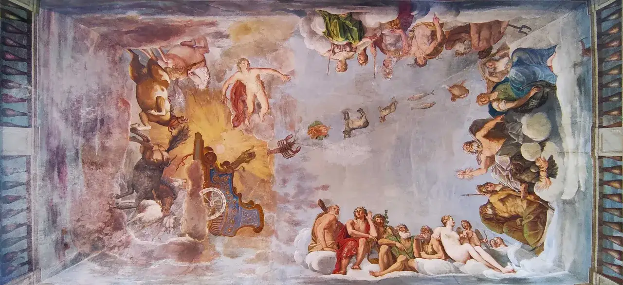 Affresco mitologico nella Villa Giustiniani Bassano Romano: divinit&agrave; e zodiaco tra nuvole e cavalli alati.