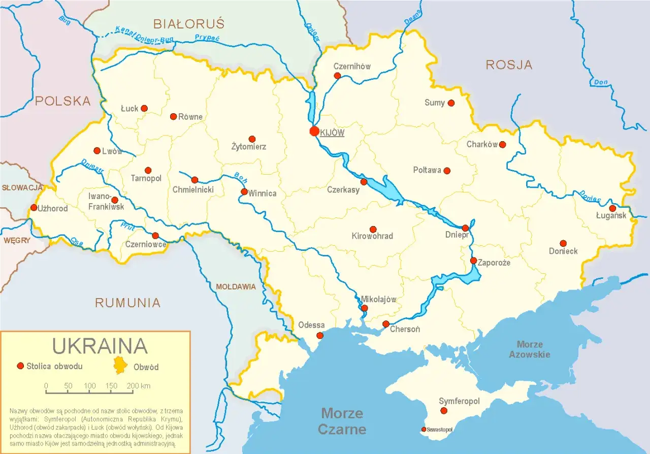 Mapa Ukrainy z zaznaczonymi granicami. Z jakimi krajami graniczy Ukraina? Z Polską, Słowacją, Węgrami, Rumunią, Mołdawią, Białorusią i Rosją.