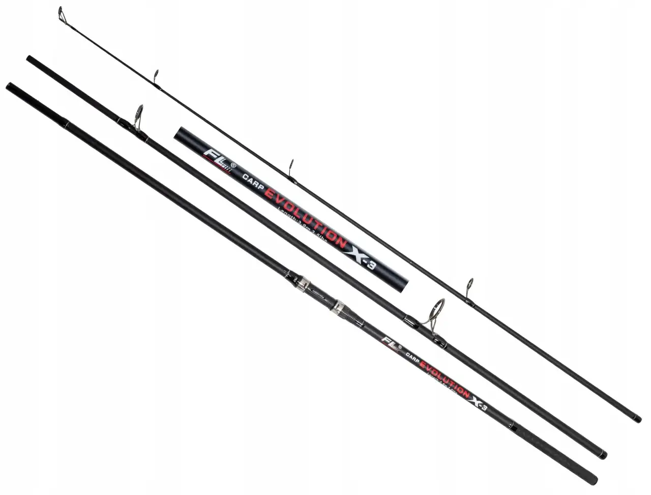 Trzy wędki karpiowe FL Carp Evolution X-3, każda o długości 3.9m i mocy 3.5lbs, gotowe na wielkie połowy.