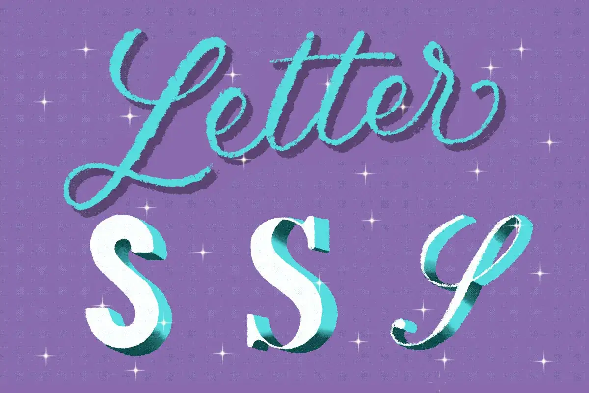 Letter S, S, S. Tres estilos de lettering para la letra S, con brillos y fondo morado.