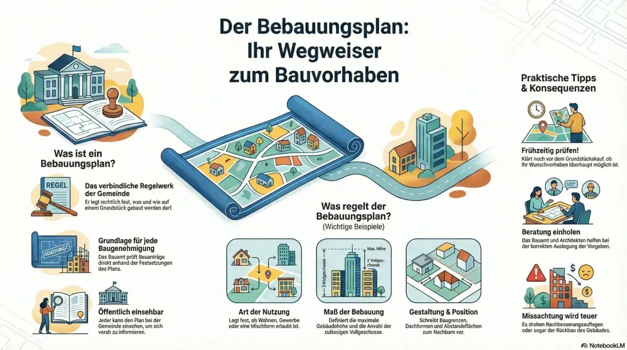 Der Bebauungsplan ist das verbindliche Regelwerk der Gemeinde für Ihr Bauvorhaben. Er legt fest, was und wie gebaut werden darf.