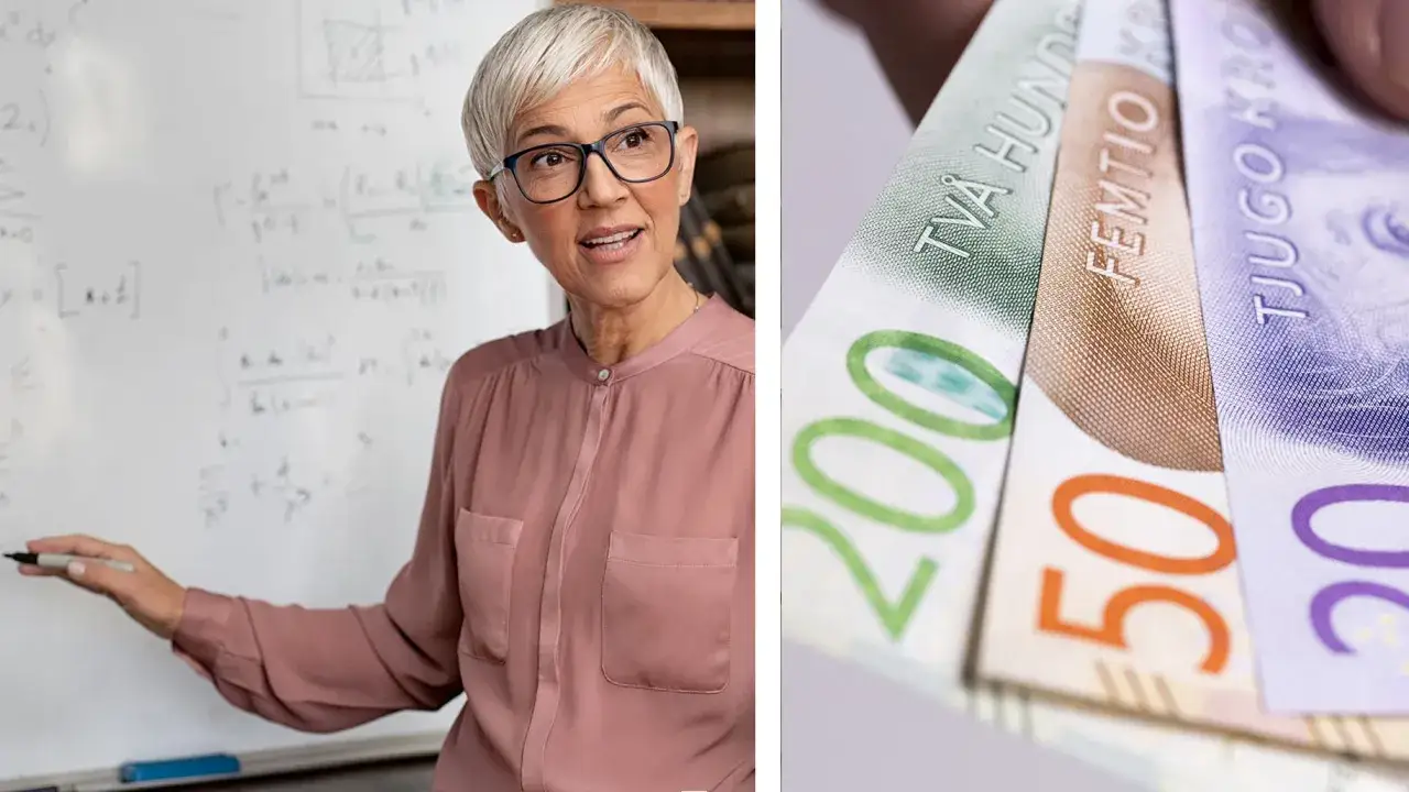 Lärare vid whiteboard med matteformler och svenska sedlar. Möjlighet till stipendium gymnasiet.