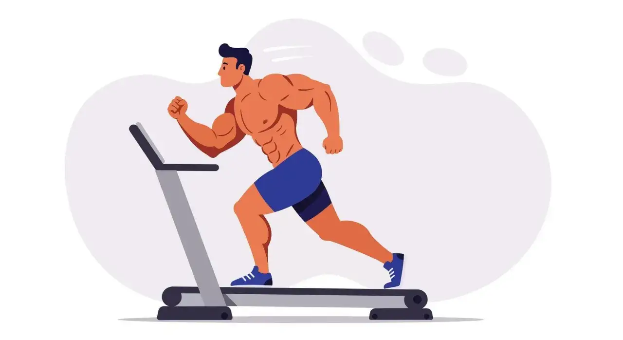 Ein muskul&ouml;ser Mann joggt auf einem Laufband. So baut man beim Joggen Muskeln auf und verbessert seine Fitness.