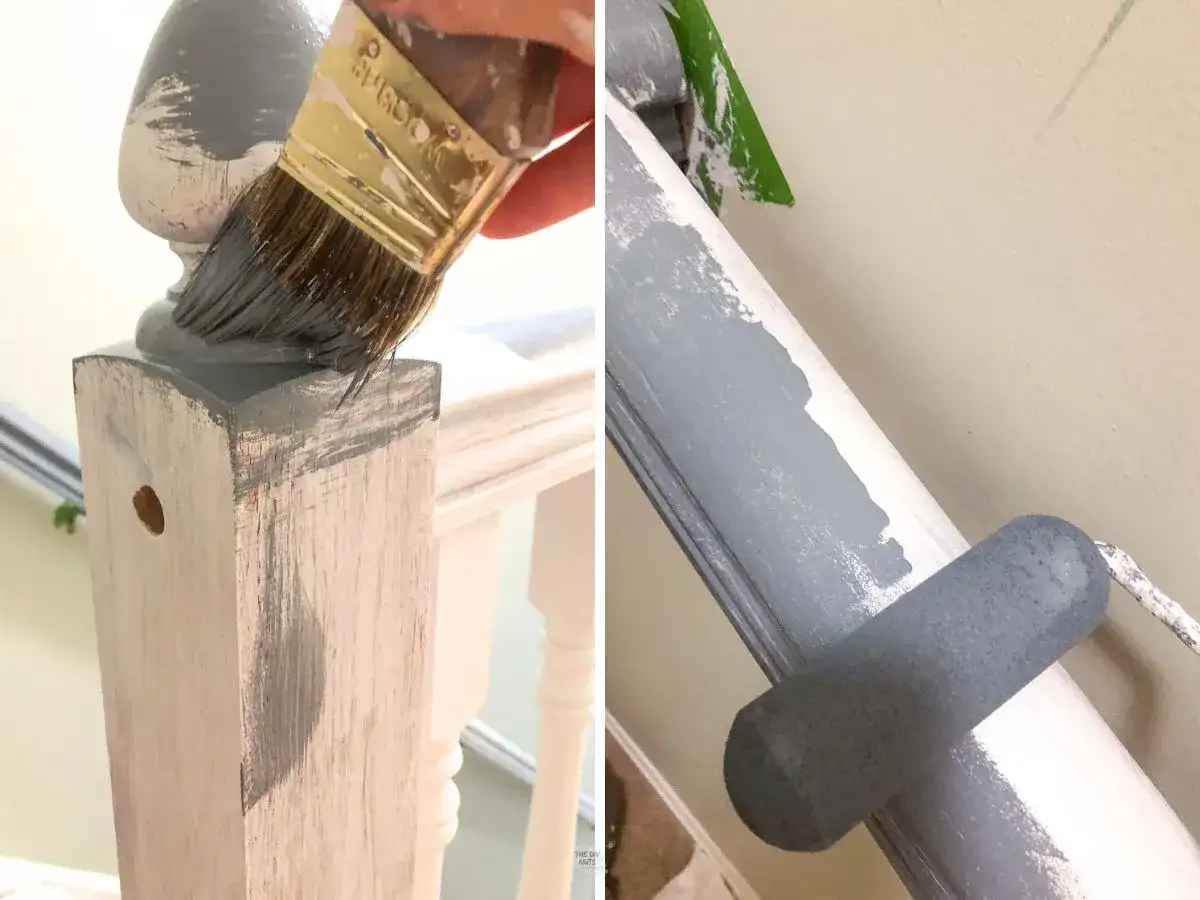 Malowanie drewnianych schodów na szaro pędzlem i wałkiem. Odświeżanie balustrady.