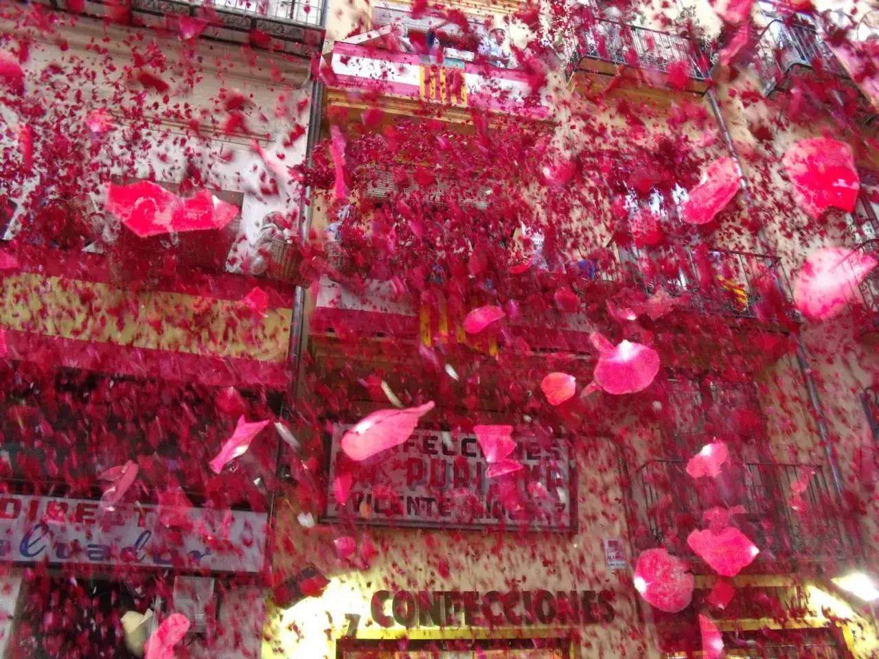 Una lluvia de pétalos rosas y rojos cae sobre edificios adornados con balcones, celebrando el **Día del Corpus** con una explosión de color y alegría.