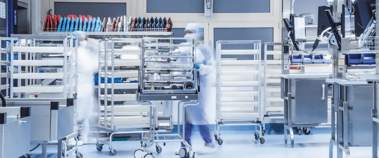 Personale in camice si muove tra scaffali pieni di strumenti del medico, pronti per l'uso in un ambiente sterile.
