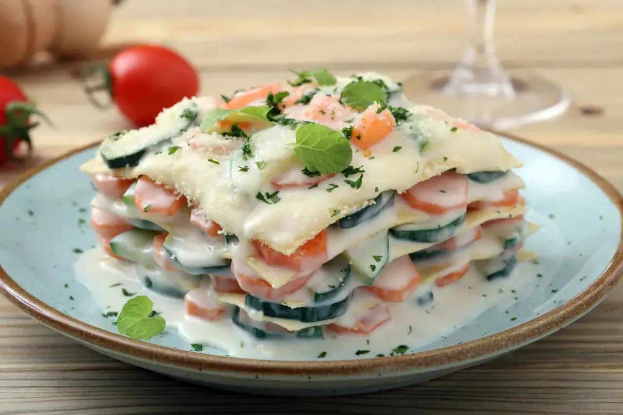 Deliziosa porzione di lasagne di zucchine, stratificata con verdure fresche e cremosa besciamella, guarnita con erbe aromatiche.