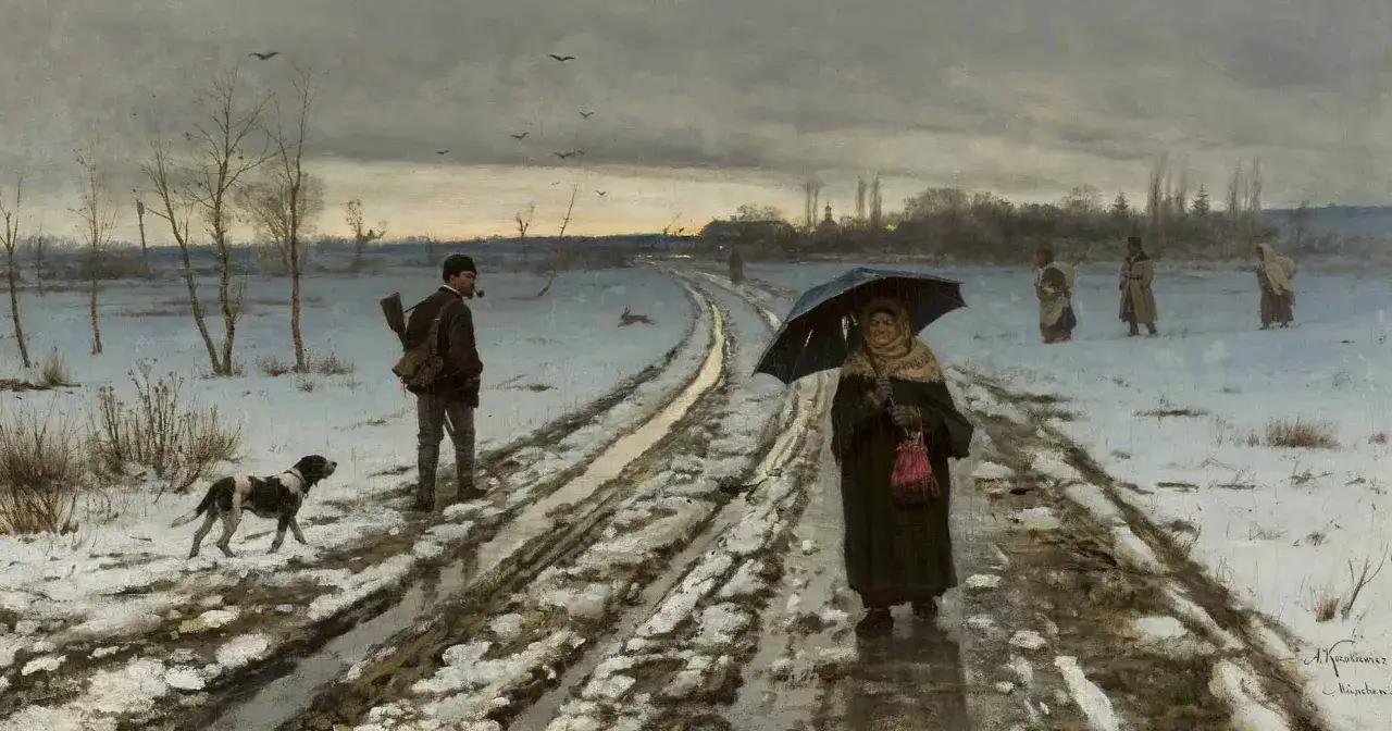 Droga błotnista, śnieg topnieje, ludzie idą. To obraz przedwiośnia, symbolizujący nadzieję i odrodzenie.