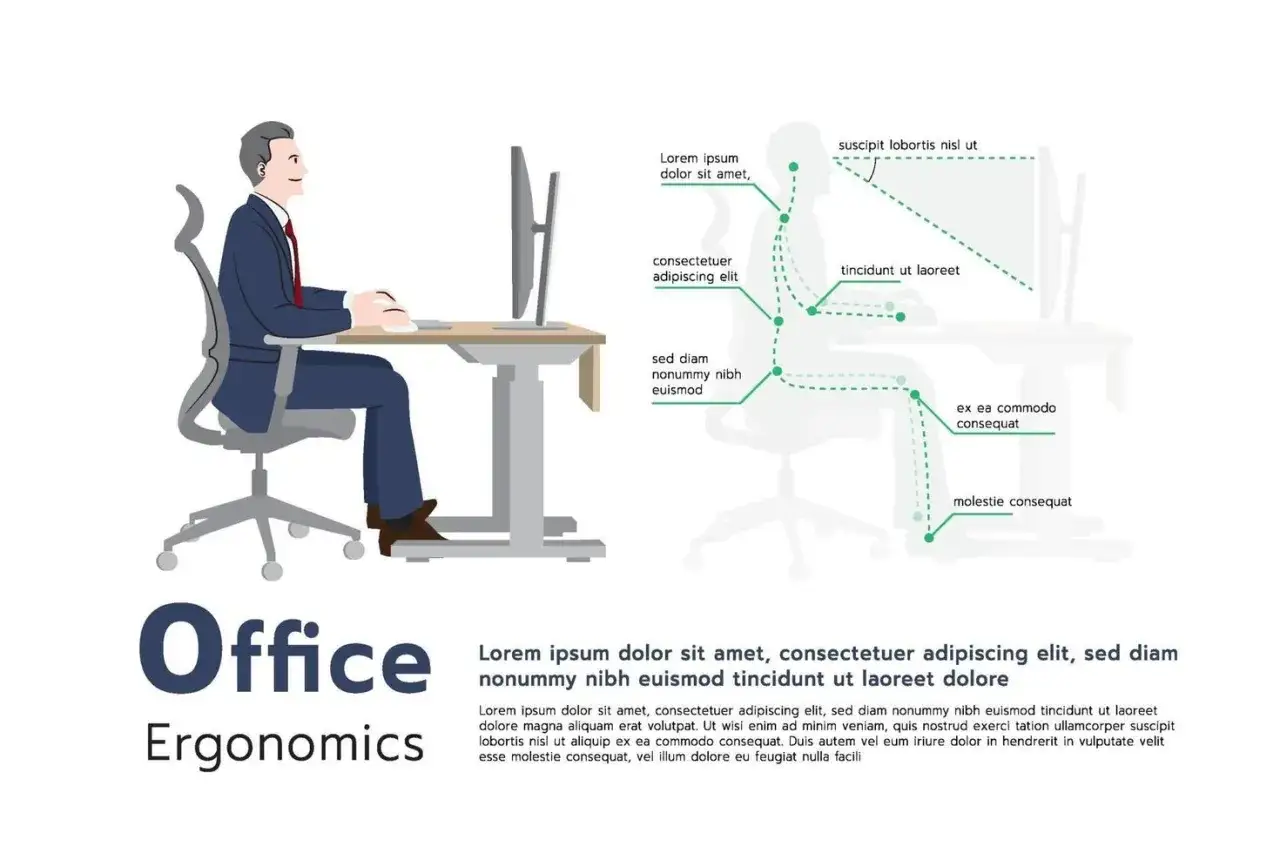 Illustration expliquant la signification des postures assises au bureau, avec un homme en costume devant un ordinateur et des schémas de corps humain.