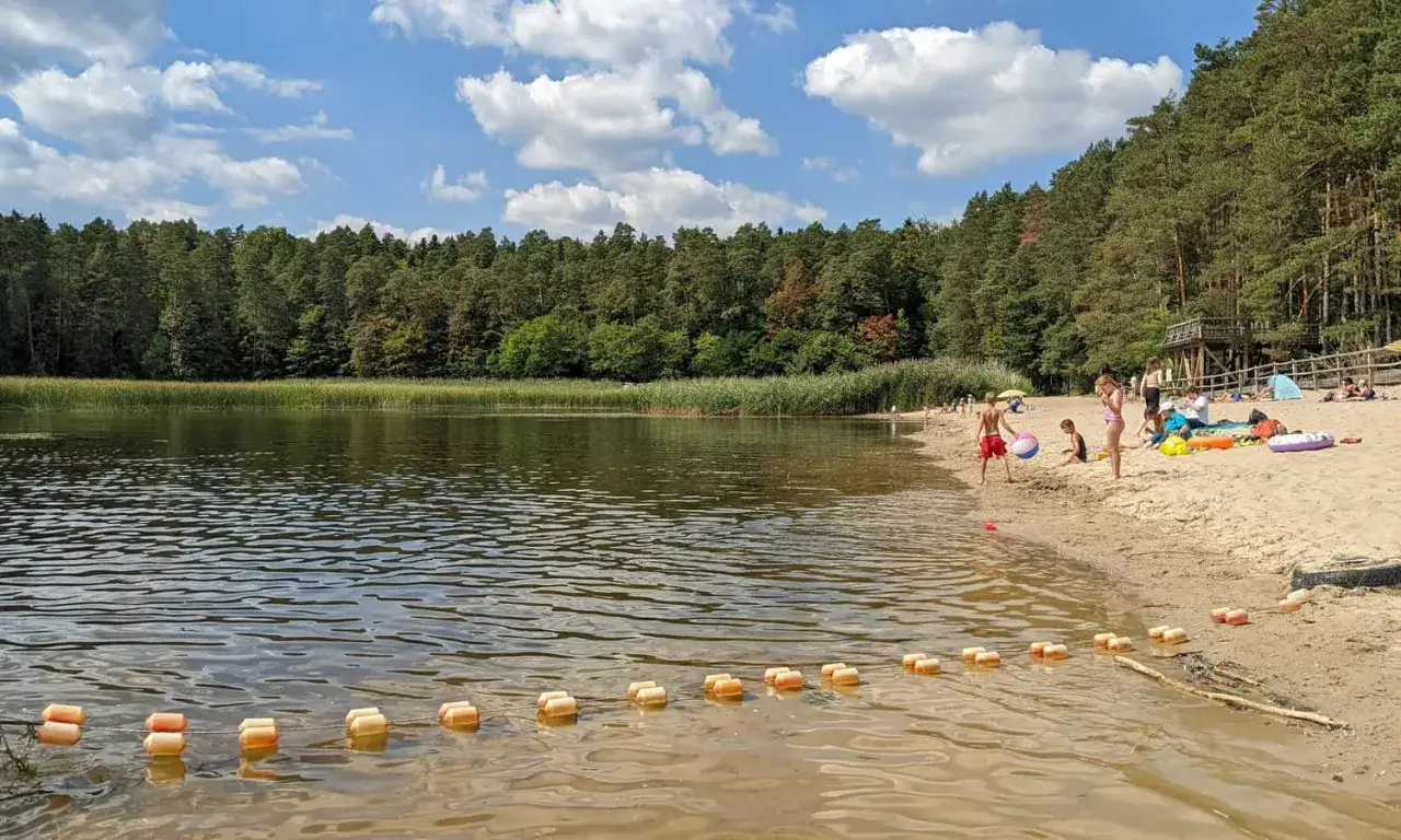 Słoneczny dzień nad jeziorem, gdzie dzieci bawią się na plaży. To idealne zwierzyniec atrakcje dla dzieci, pełne radości i letnich zabaw.