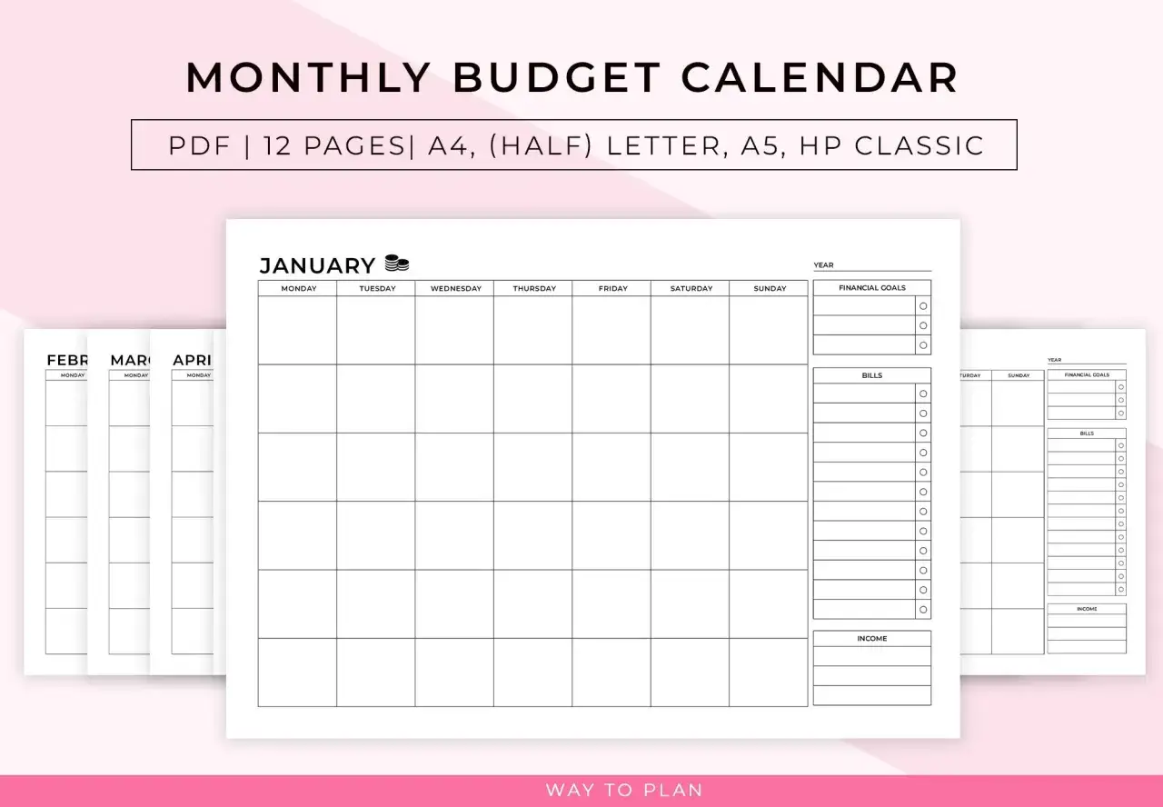 Monthly budget calendar template for January, with sections for financial goals, bills, and income. It's a 