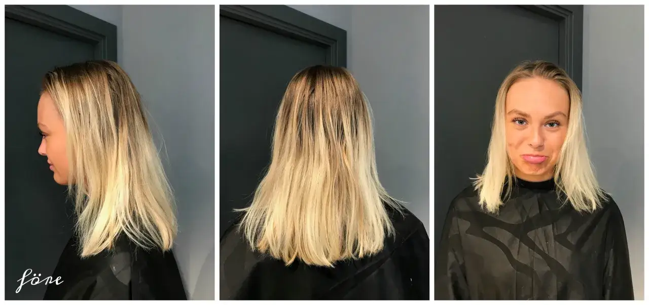 Tunt hår med gardinlugg, blont och solkysst. En ung kvinna visar upp sin nya frisyr från olika vinklar.