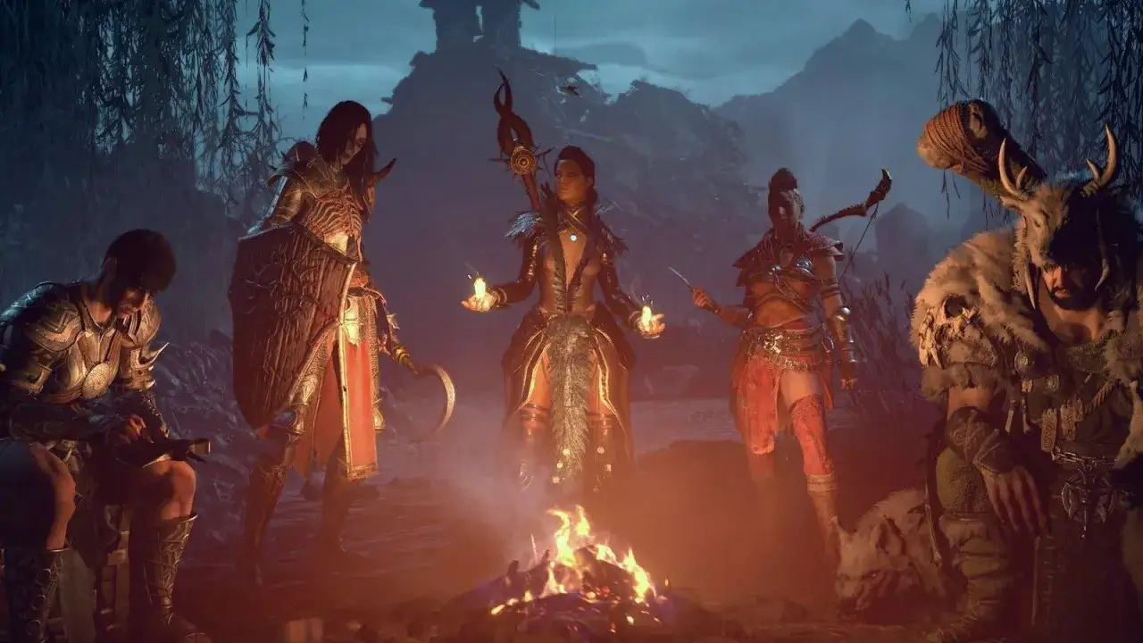 Cztery postacie z Diablo 4 przy ognisku, każda z unikalnym ekwipunkiem. Czy to zapowiedź, która klasa jest diablo 4 najlepsza?