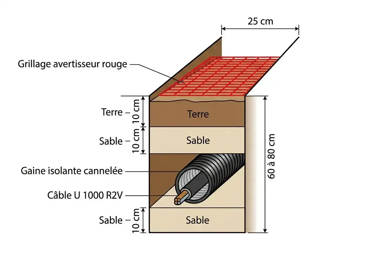 Schéma d'installation électrique dans un jardin : profondeur gaine électrique jardin, sable, terre et grillage avertisseur.