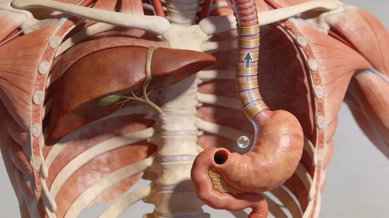Anatomia układu pokarmowego: żołądek, wątroba i przełyk. Widoczna bańka powietrza symbolizująca odbijanie po jedzeniu.