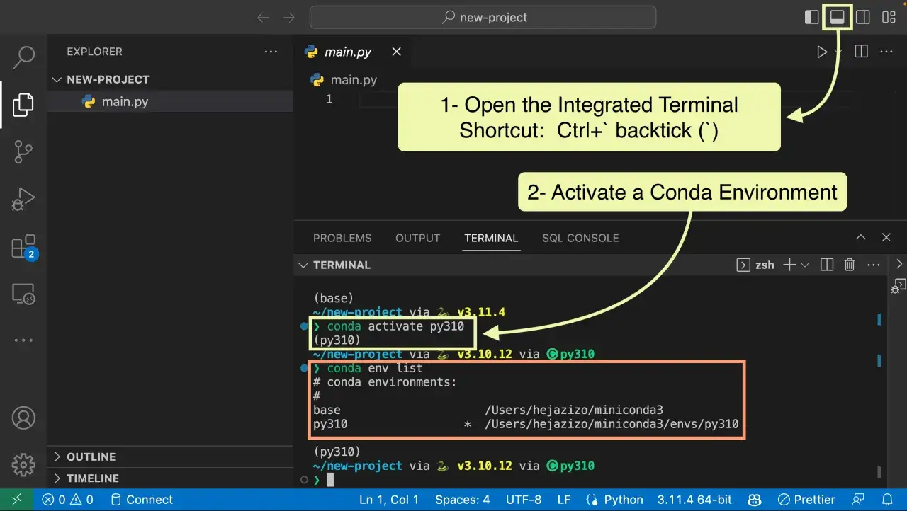 Terminal zeigt, wie man mit `conda activate py310` ein Conda-Environment wechselt.
