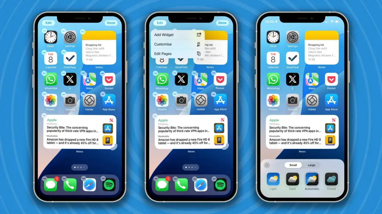 Ekran iPhone z widżetami, pokazujący różne opcje personalizacji i dodawania widżetów, np. listę zakupów czy wiadomości.