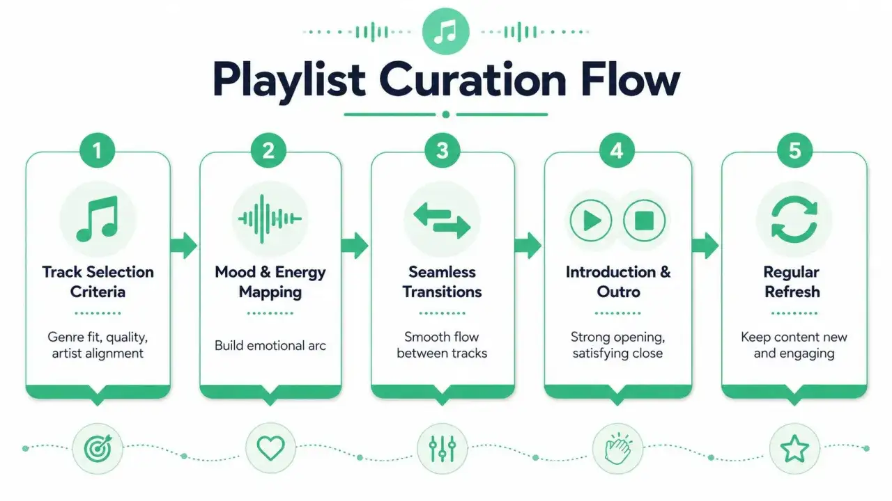 The Playlist Curation Flow shows 5 steps for creating great spotify curated playlists: Track Selection, Mood & Energy Mapping, Seamless Transitions, Introduction & Outro, and Regular Refresh.