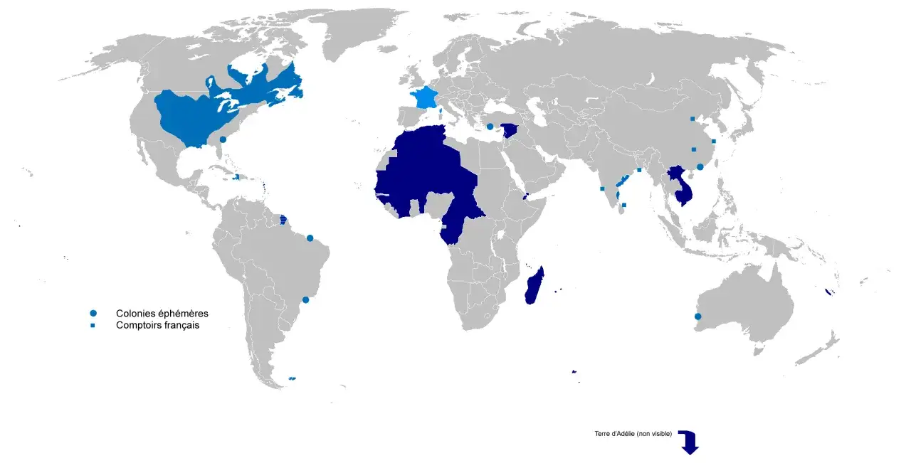 Mapa świata z zaznaczonymi dawnymi koloniami francuskimi i faktoriami.