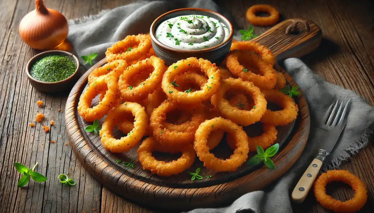 Knusprige zwiebelringe in der pfanne, goldbraun und perfekt frittiert, serviert mit Dip. Ein Genuss für jeden Snack-Liebhaber.