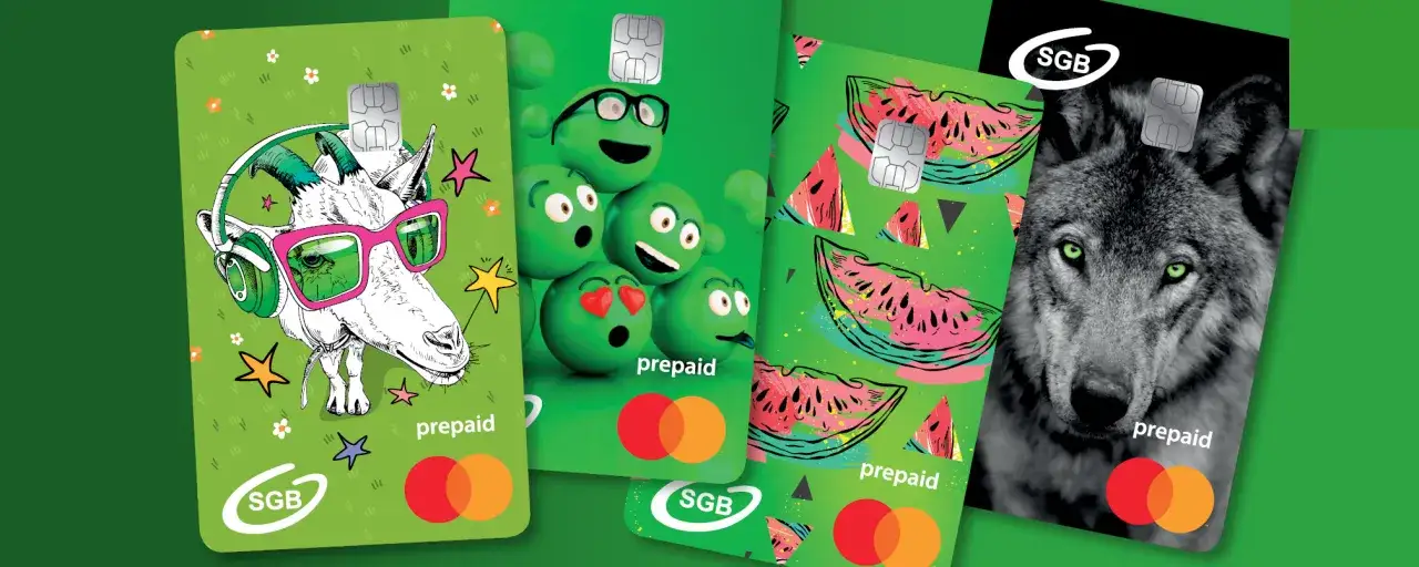 Konto dla dziecka z zabawnymi grafikami: kozica w okularach, emotki, arbuzy i wilk. Karty prepaid SGB.