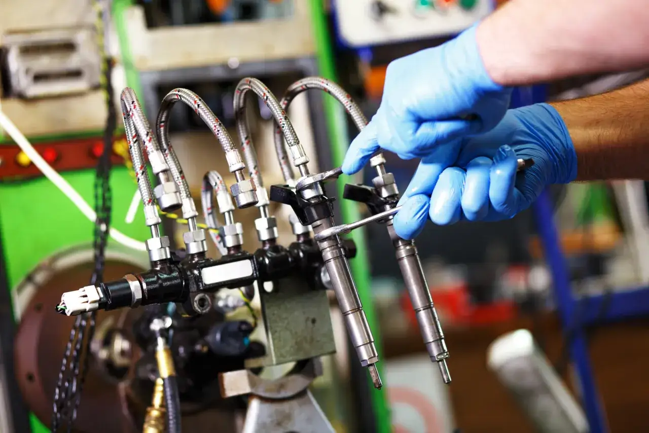 Mechanik w niebieskich rękawiczkach pracuje przy wtryskiwaczach. Czas regeneracji wtryskiwaczy zależy od stopnia uszkodzenia.