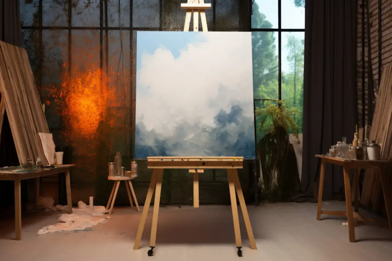 Une peinture acrylique abstraite de ciel et de nuages est posée sur un chevalet dans un atelier d'artiste.