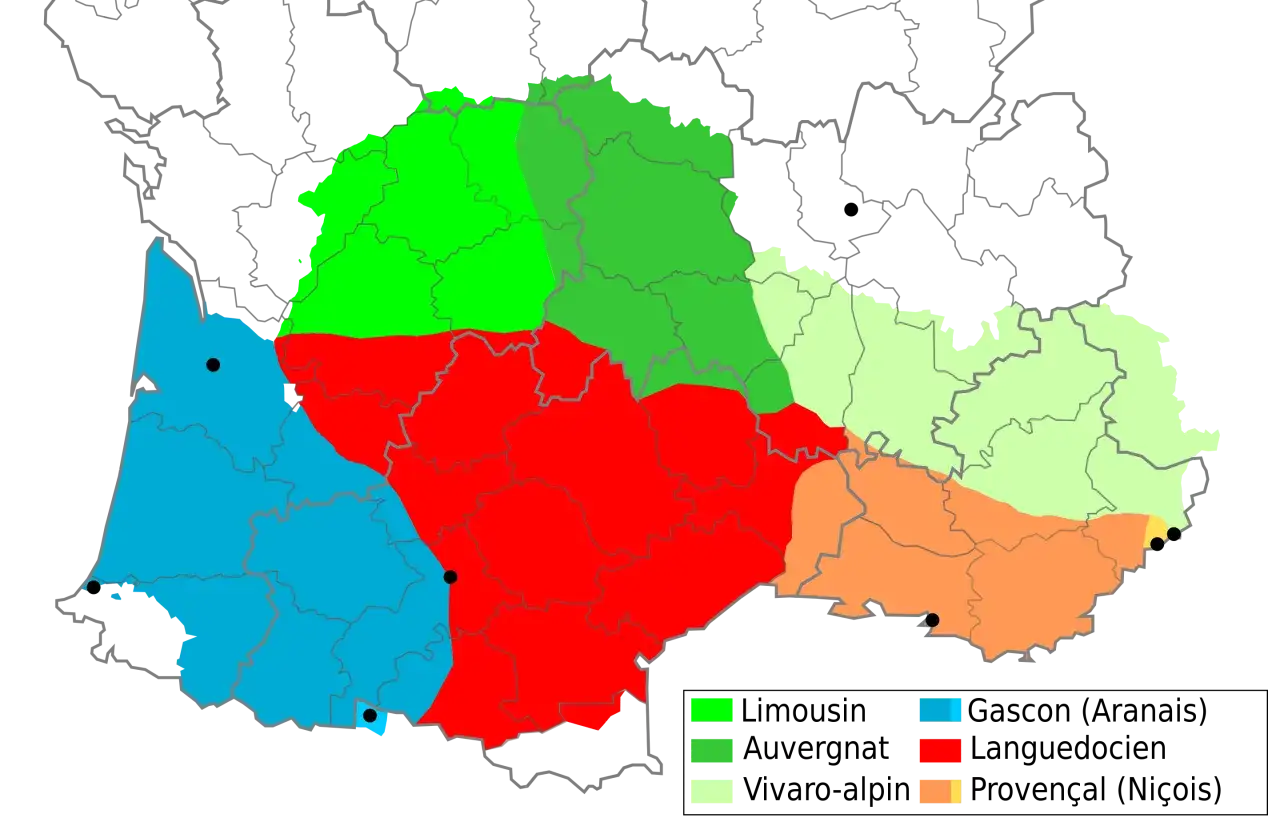Mapa de Francia con regiones coloreadas que representan la distribuci&oacute;n de dialectos del idioma de Francia.