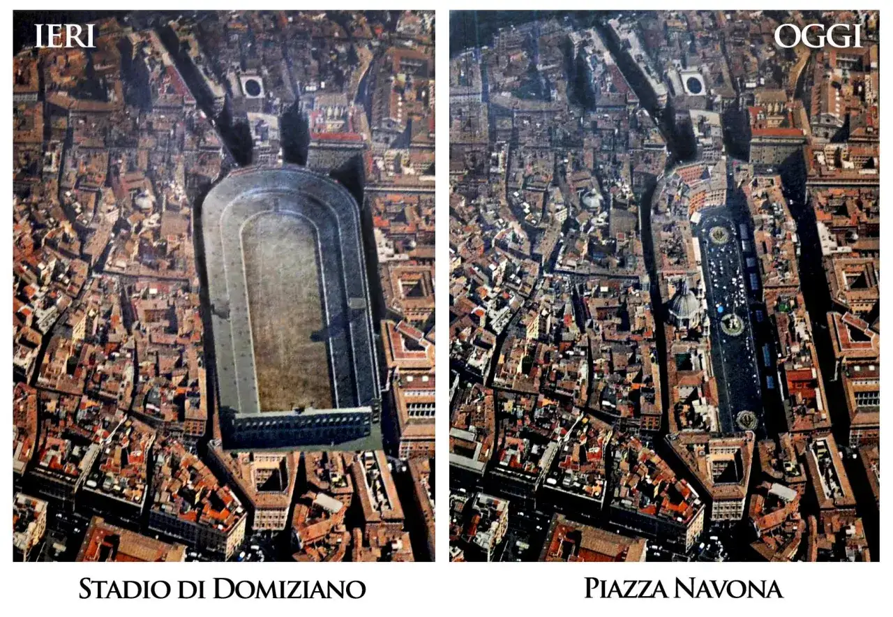 Confronto tra lo Stadio di Domiziano e l'odierna Piazza Navona, Roma.