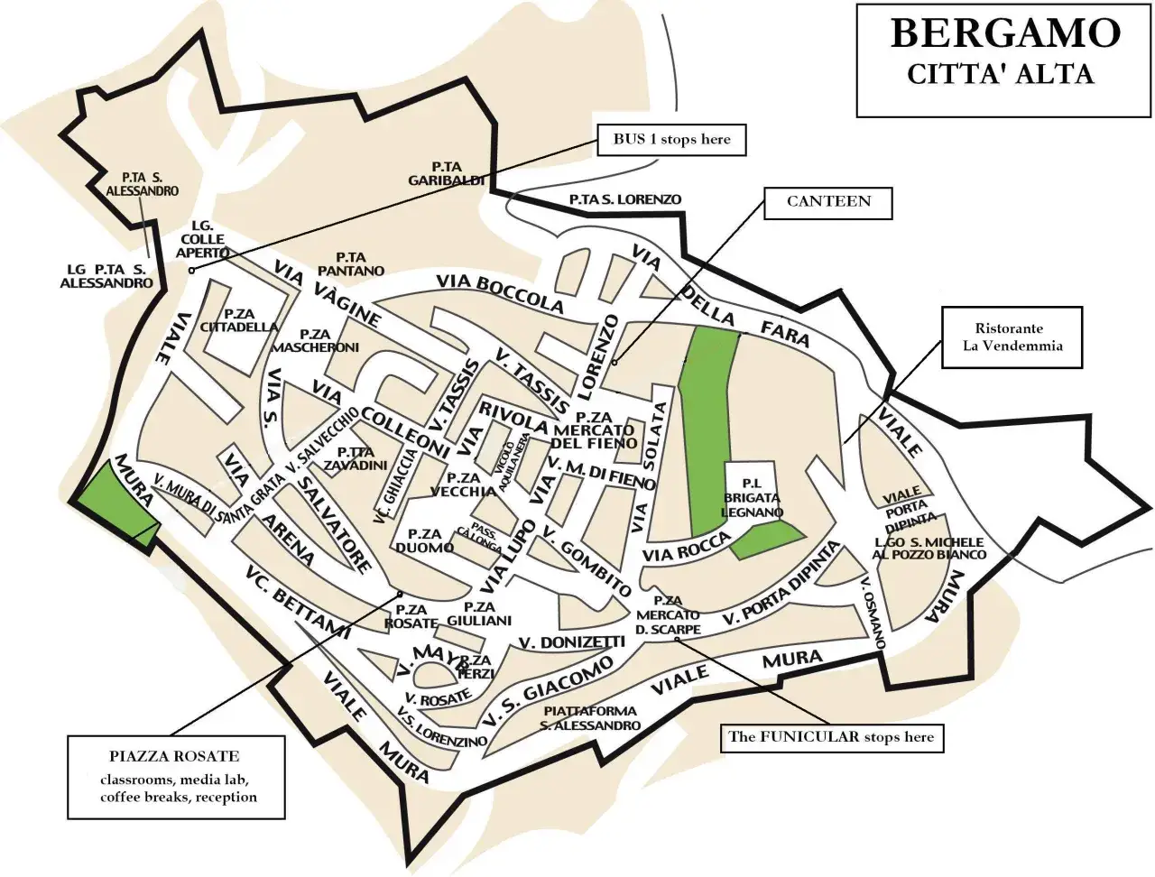 Mapa Citt&agrave; Alta w Bergamo, z zaznaczonymi ulicami, placami i punktami, jak np. przystanek autobusowy i restauracja.