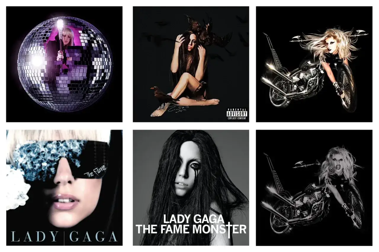 Collage de portadas de álbumes de Lady Gaga: The Fame, The Fame Monster, Born This Way y más.