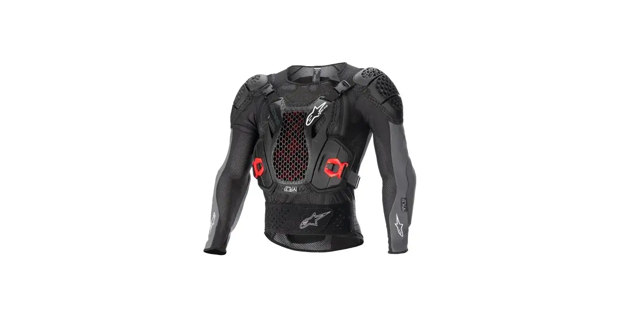 Ochraniacz motocyklowy Alpinestars Bionic Plus, czarny, z czerwonymi akcentami, zapewnia maksymalne bezpieczeństwo.
