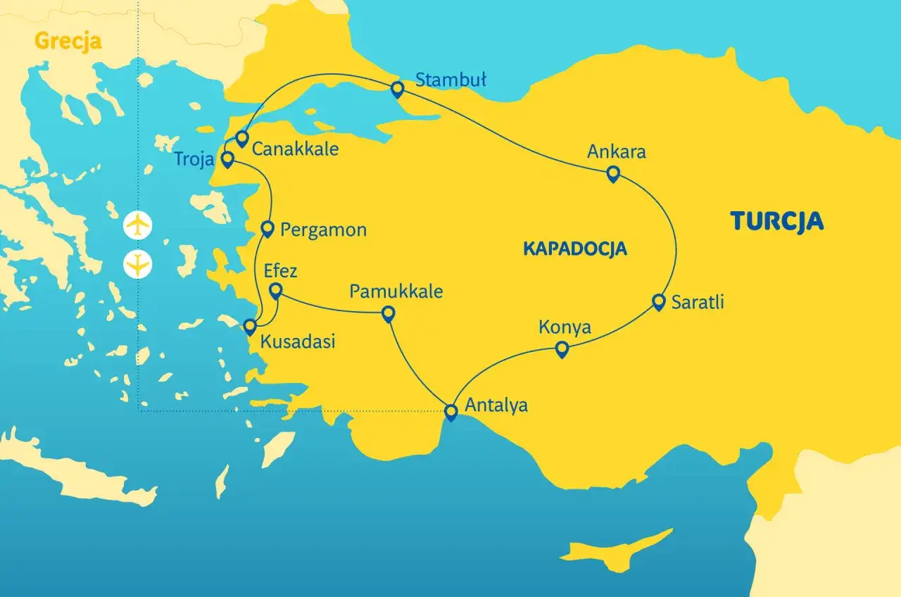Mapa z trasą wycieczki objazdowej po Turcji: Stambuł, Ankara, Kapadocja, Konya, Antalya, Pamukkale, Efez, Pergamon, Troja, Canakkale. Tanie wycieczki objazdowe z Rzeszowa.