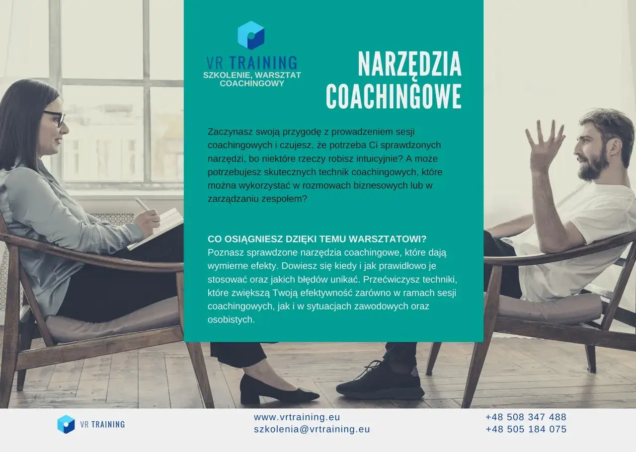 Sesja e-lerningowa z narzędziami coachingowymi. Kobieta i mężczyzna siedzą naprzeciwko siebie, rozmawiając.