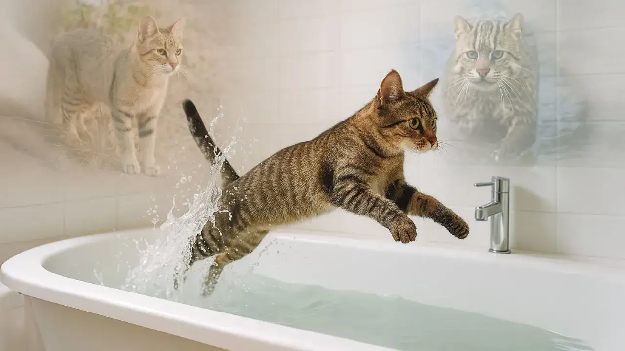 Katze springt &uuml;ber die Badewanne, als ob sie sich fragt, warum haben Katzen Angst vor Wasser. Ein schemenhafter Vorfahre schaut zu.