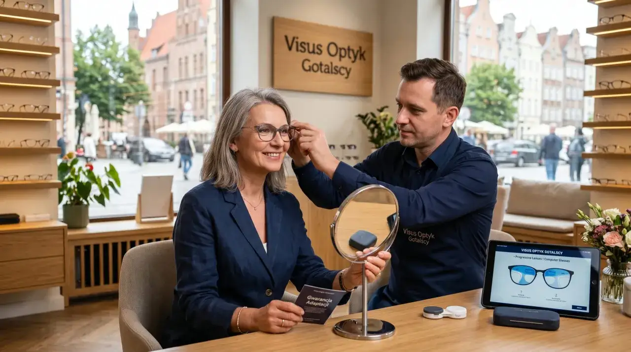 W salonie Visus Optyk Gotalscy klientka przymierza okulary progresywne. Na tablecie widoczny cennik.