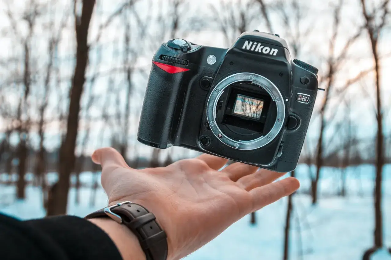 Nikon D80 w dłoni, idealny na kurs fotografii dla początkujących. Zimowy las w tle.