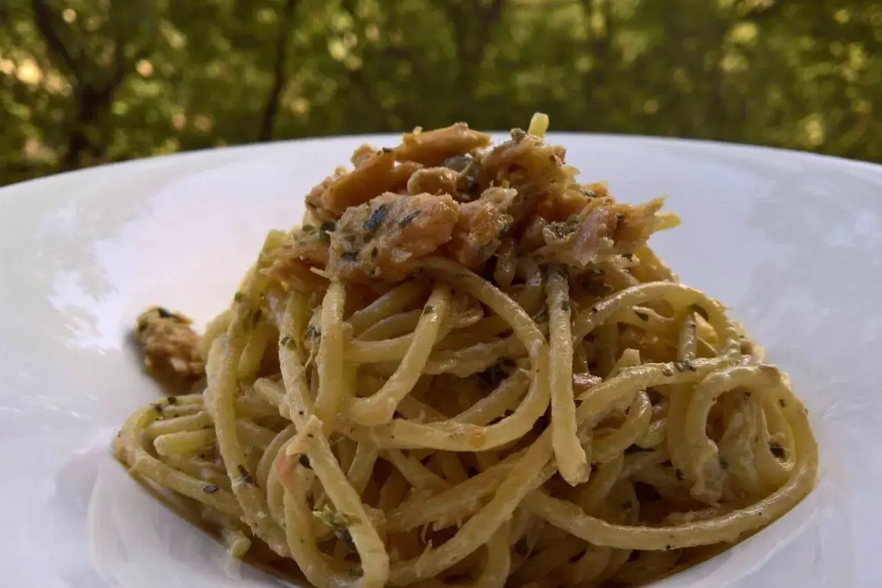 Un piatto di spaghetti al salmone, conditi con erbe aromatiche, serviti su un piatto bianco con uno sfondo sfocato di alberi verdi.