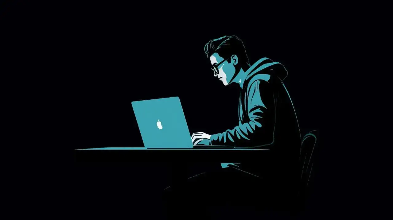 Młody programista w okularach pracuje przy laptopie, tworząc kod z użyciem html znaki specjalne.