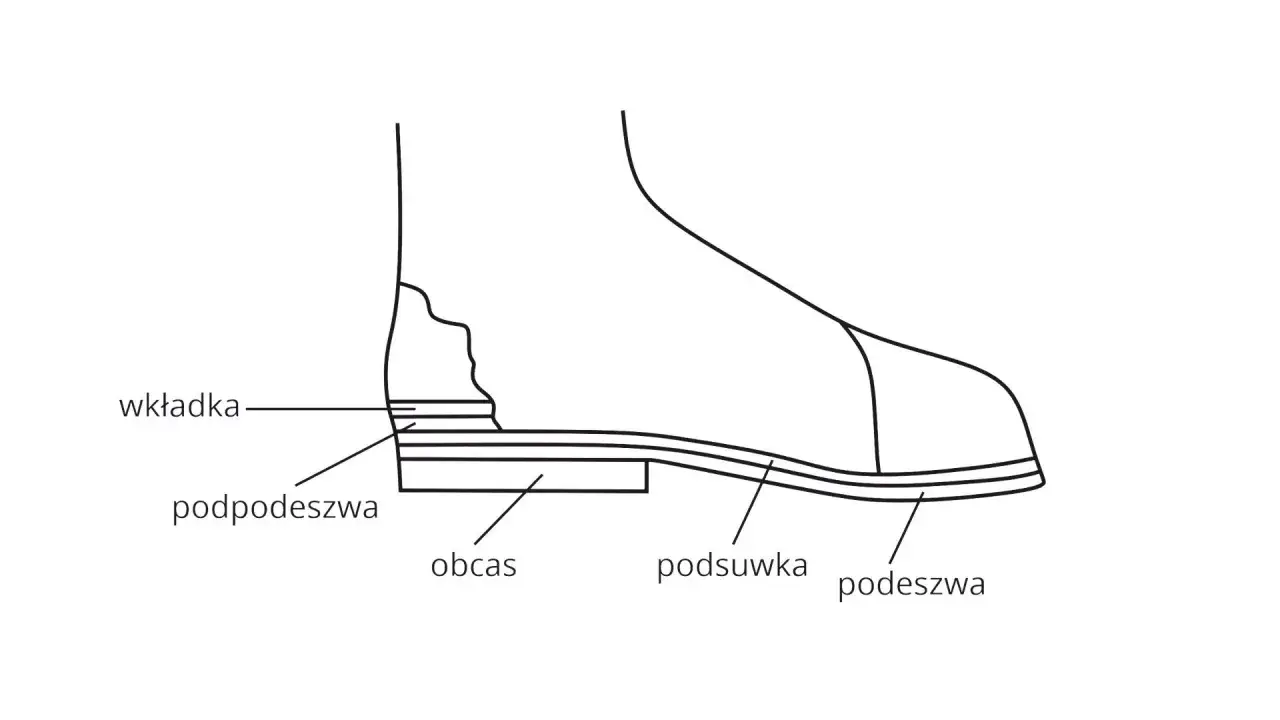 Schematyczny przekr&oacute;j buta, pokazujący gdzie jest cholewka w bucie, wkładka, podeszwa, obcas i inne elementy.