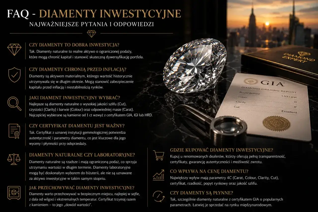 Błyszczący diament i certyfikat GIA symbolizują inwestycję w diamenty. Dokument potwierdza parametry kamienia, kluczowe dla jego wartości.