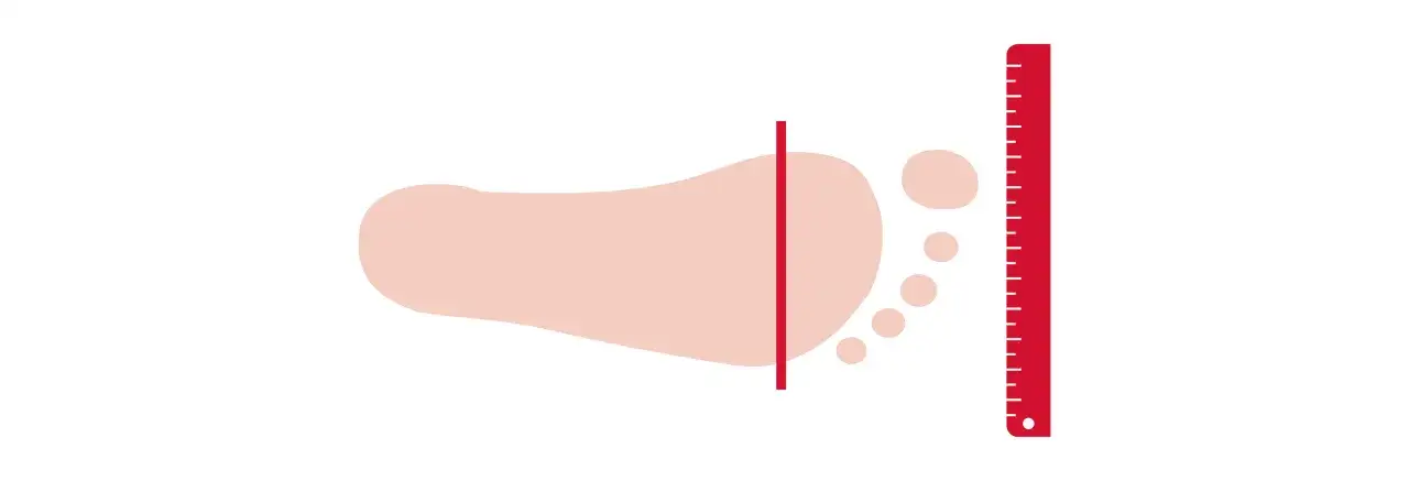 Fu&szlig;abdruck mit Ma&szlig;band und roter Linie, die die Breite markiert. Das erkl&auml;rt, was bedeutet wide fit bei schuhen: mehr Platz f&uuml;r breitere F&uuml;&szlig;e.