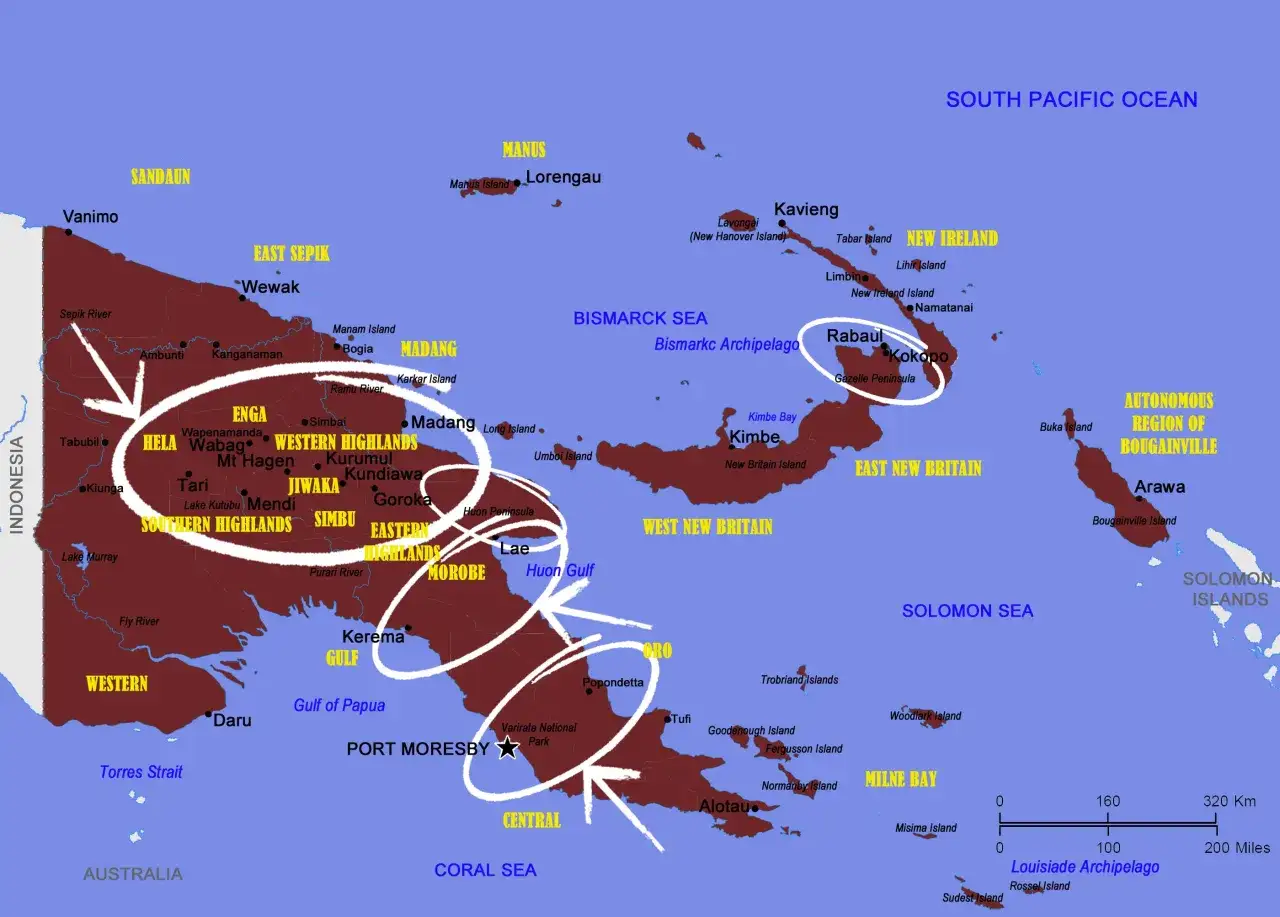 Mapa polityczna Papui-Nowej Gwinei z zaznaczonymi prowincjami, miastami i wyspami. Widoczne Morze Bismarcka i Morze Salomona.