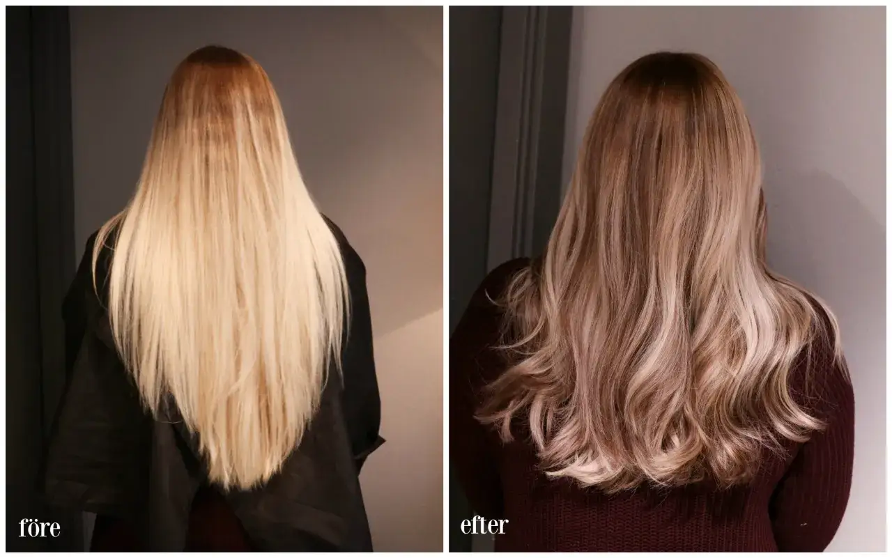Före och efterbilder på en person med långt, blont hår. Håret har fått en varmare, mer naturlig ton.