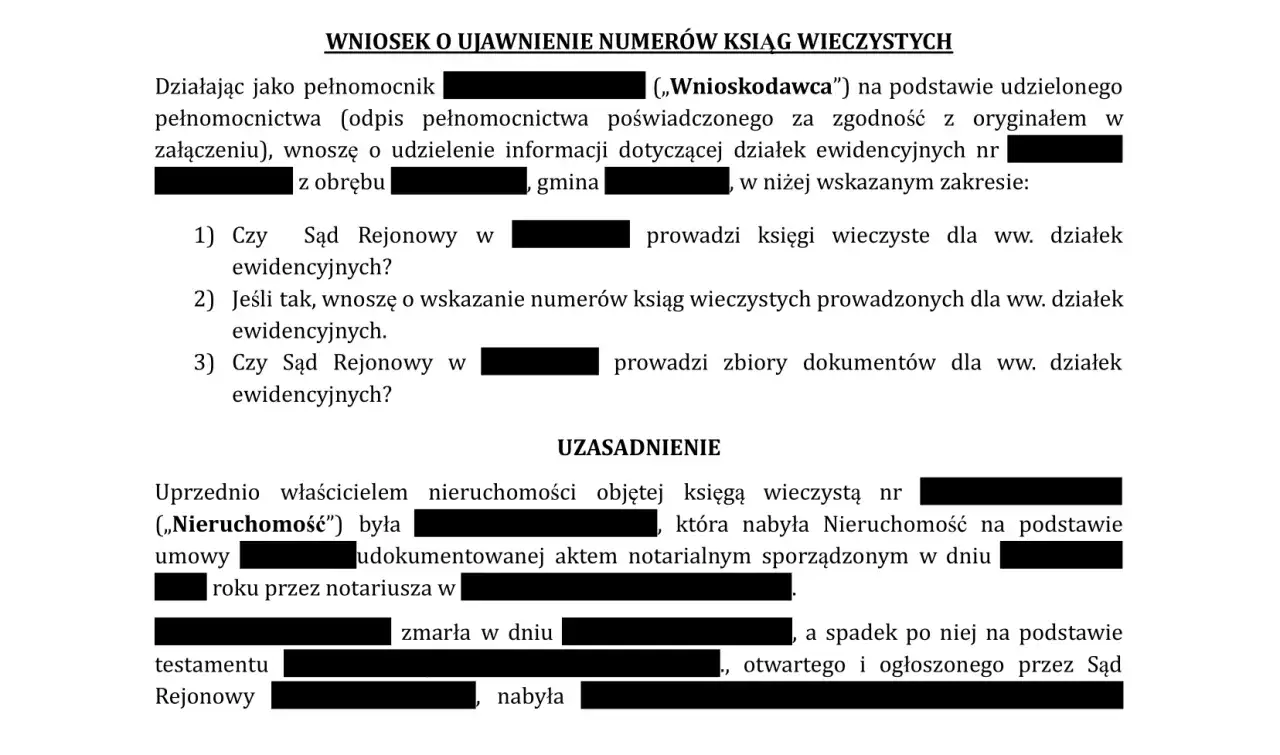 Wniosek o ujawnienie numerów ksiąg wieczystych w postępowaniu spadkowym. Uzasadnienie dotyczy nieruchomości i nabycia spadku.
